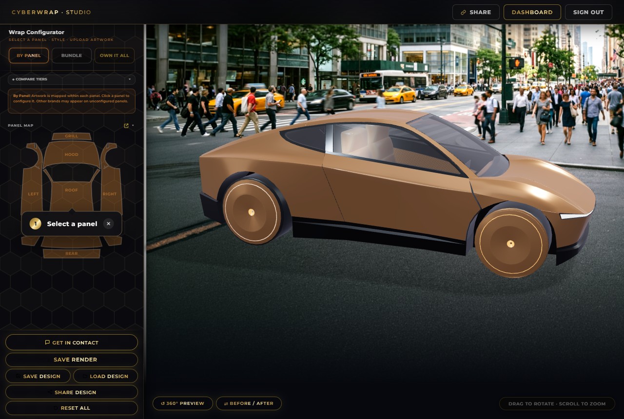 Preview of the live Cybercab 3D wrap configurator